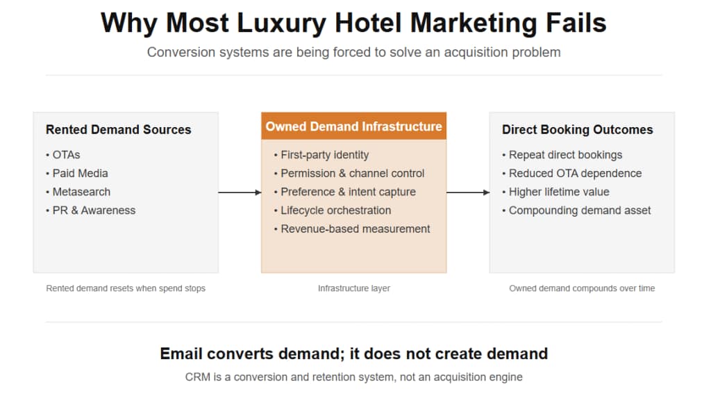 Luxury hotel marketing framework showing rented demand sources flowing through owned demand infrastructure into direct booking outcomes.