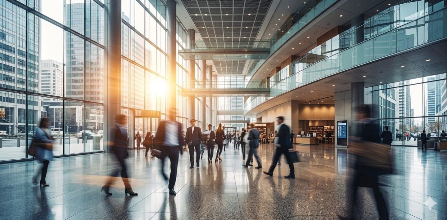 Business travelers move through a busy corporate atrium, illustrating the shifting flow of hotel discovery behavior as travelers increasingly bypass traditional search channels before making booking decisions.