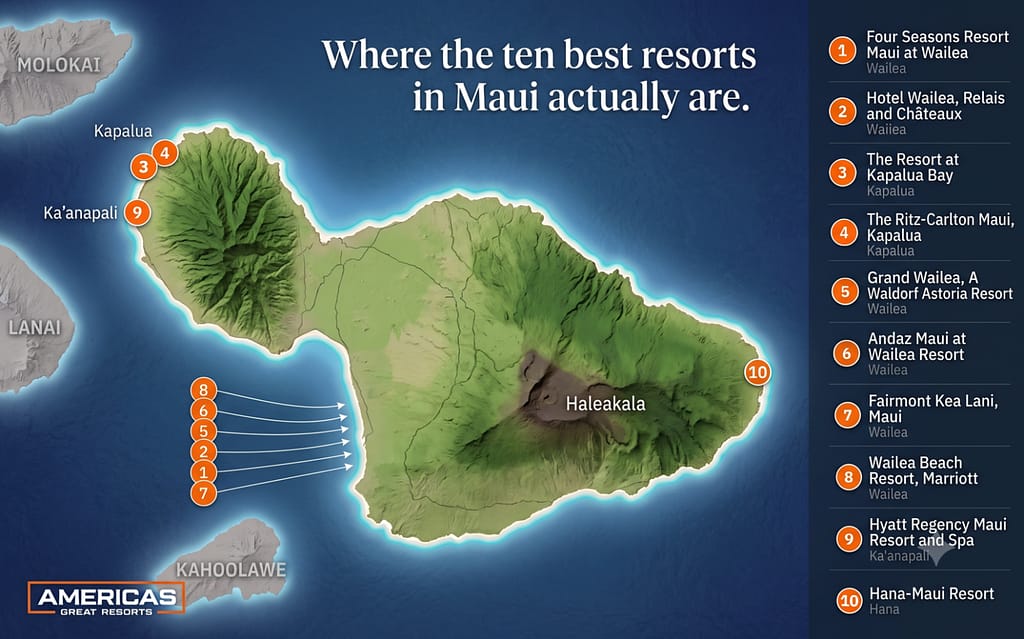 Map of Maui showing the locations of the ten best resorts in Maui ranked by Americas Great Resorts, with six in Wailea on the south shore, two in Kapalua, one at Kaanapali, and one in Hana
