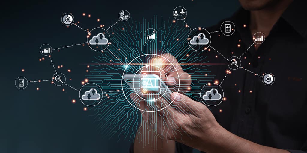Illustration of artificial intelligence concept showing a central AI processor connected to data, analytics, and cloud network systems