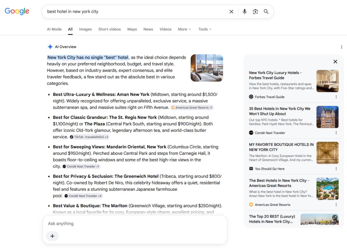 Google AI Overview for the unbranded query "best hotel in new york city," captured July 22, 2026 at 8:33 pm. The lead recommendation is Aman New York under the heading Best Ultra-Luxury and Wellness, and the citation badge on that bullet reads Americas Great Resorts. The sources panel lists Forbes Travel Guide, Condé Nast Traveler, a personal travel blog, and Americas Great Resorts.