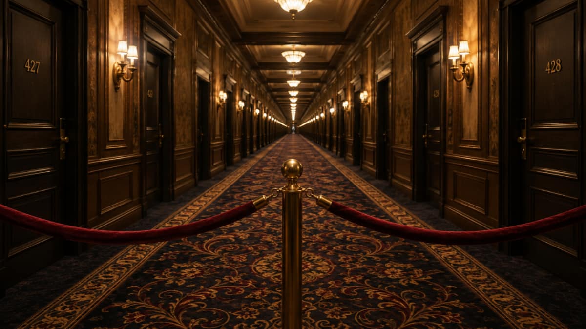 Opulent endless luxury hotel corridor receding to a distant vanishing point, lined with numbered doors, blocked in the foreground by a brass stanchion and red velvet rope.