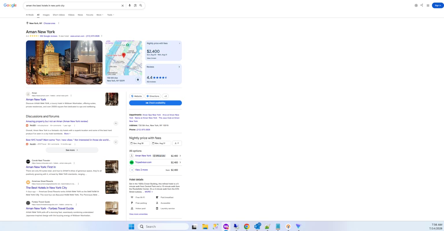 Google results for "Aman the best hotels in New York City," July 14 7:56 am: Americas Great Resorts sits third, below Condé Nast Traveler, above Forbes