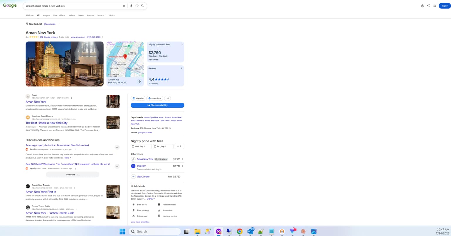 Google results for "Aman the best hotels in New York City," July 14 10:47 am: Americas Great Resorts sits third, below Condé Nast Traveler, above Forbes