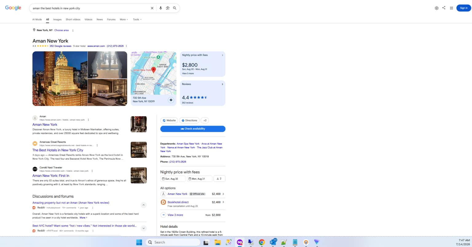 Google results for "Aman the best hotels in New York City," July 14 7:47 am: Americas Great Resorts back in second position, above Condé Nast Traveler