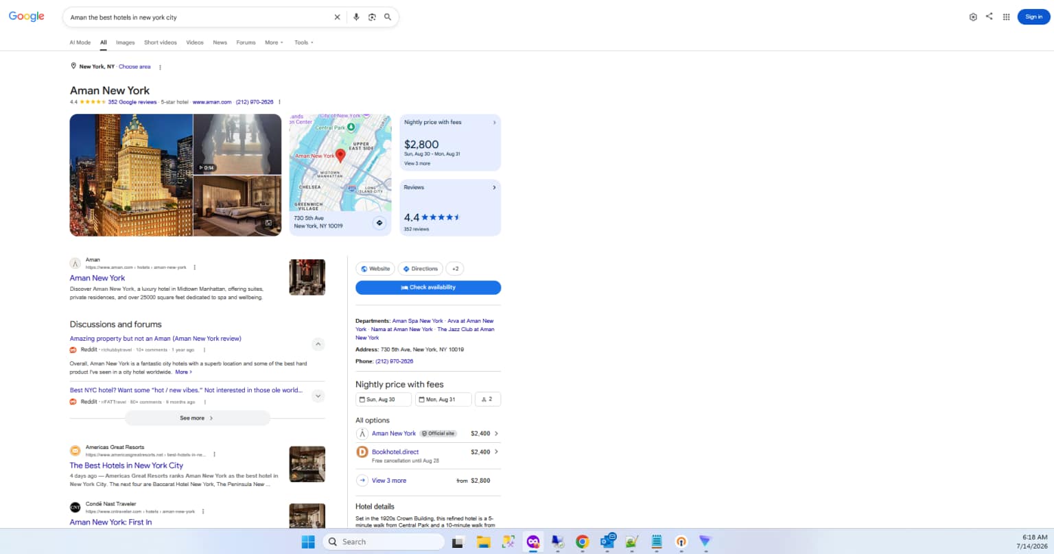 Google results for "Aman the best hotels in New York City," July 14 6:18 am: a Reddit forums block now appears above the Americas Great Resorts result