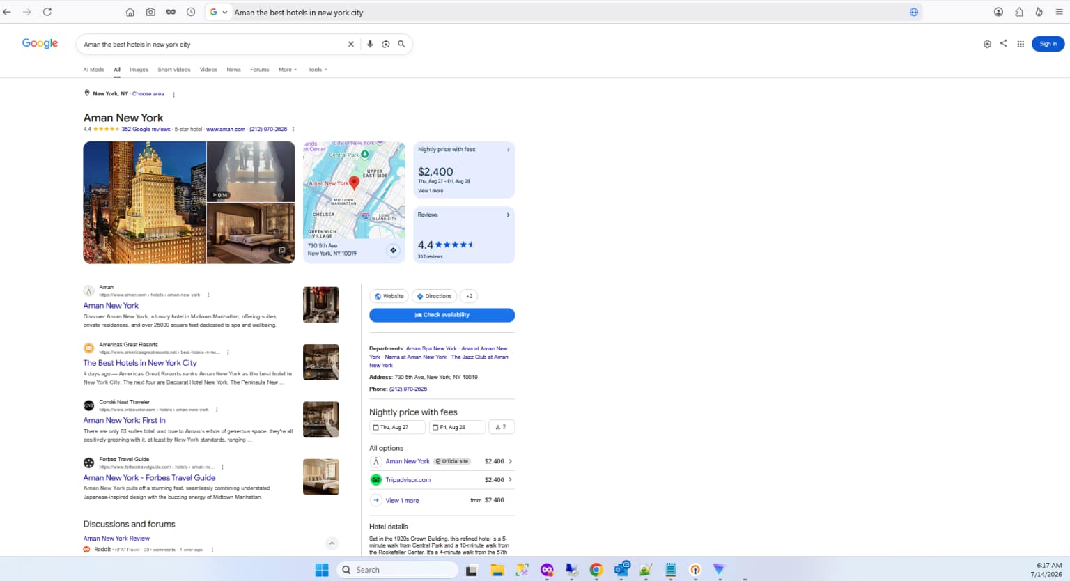Google results for "Aman the best hotels in New York City," July 14 6:17 am: Americas Great Resorts in second position, above Condé Nast Traveler and Forbes Travel Guide