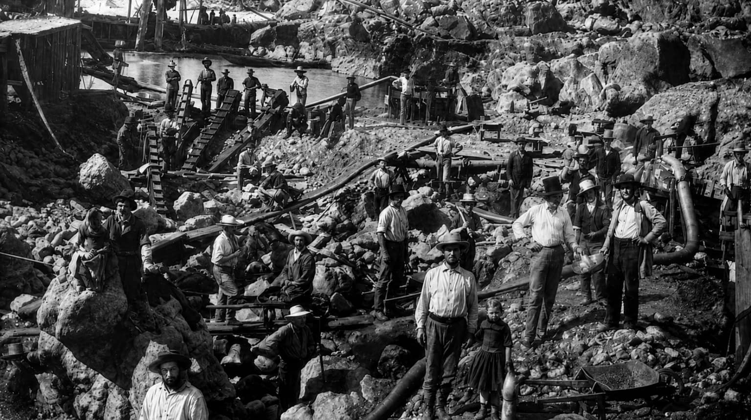 AGR AI visibility gold rush: California forty-niners and prospectors working a rock-strewn river claim with sluices and pans