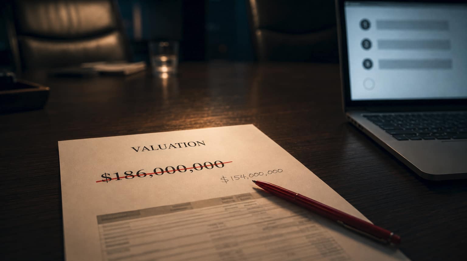 AI hotel valuation term sheet on a boardroom table, a luxury hotel's price struck from $186 million to $154 million in red pen, an AI ranking on a laptop nearby.