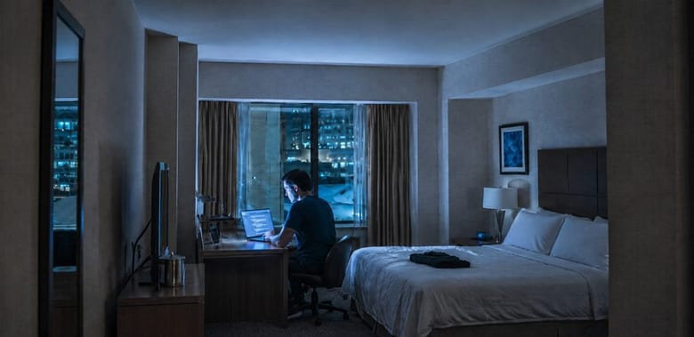 A traveler books a hotel in a dark hotel room using ChatGPT on a laptop while the hotel never knew he was looking.