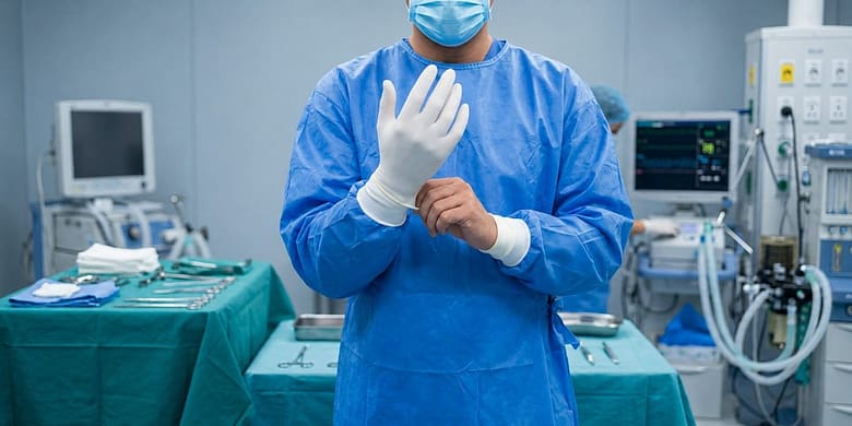 Surgeon pulling on a surgical glove in an operating room — the hotel industry has no excuse this time.