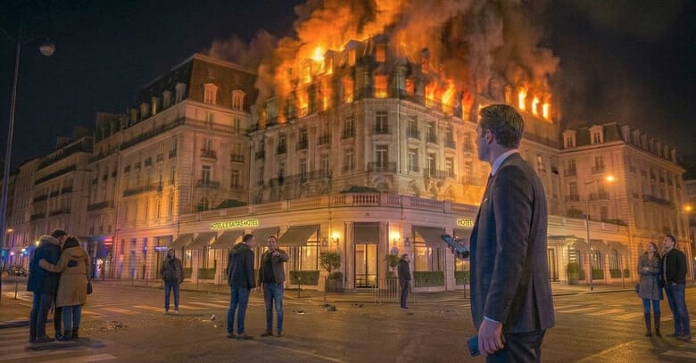 A luxury hotel burning at night while bystanders stand on the street and watch. A hotel executive in a suit stands in the foreground holding a phone. The building is on fire. Nobody has called anyone yet.