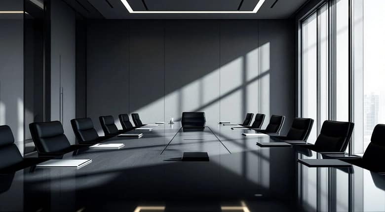 Empty luxury boardroom with chairs set and no one at the table
