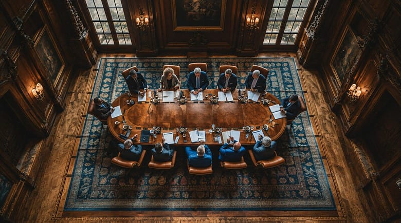 Aerial view of a luxury boardroom with executives seated around an oval table — the meeting where OTA dependence is acknowledged, discussed, and deferred.