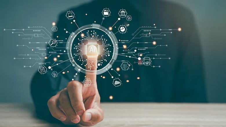 A person touching an AI interface chip surrounded by connected digital icons, representing AI-mediated decision systems and the new layer of machine-driven hotel demand.