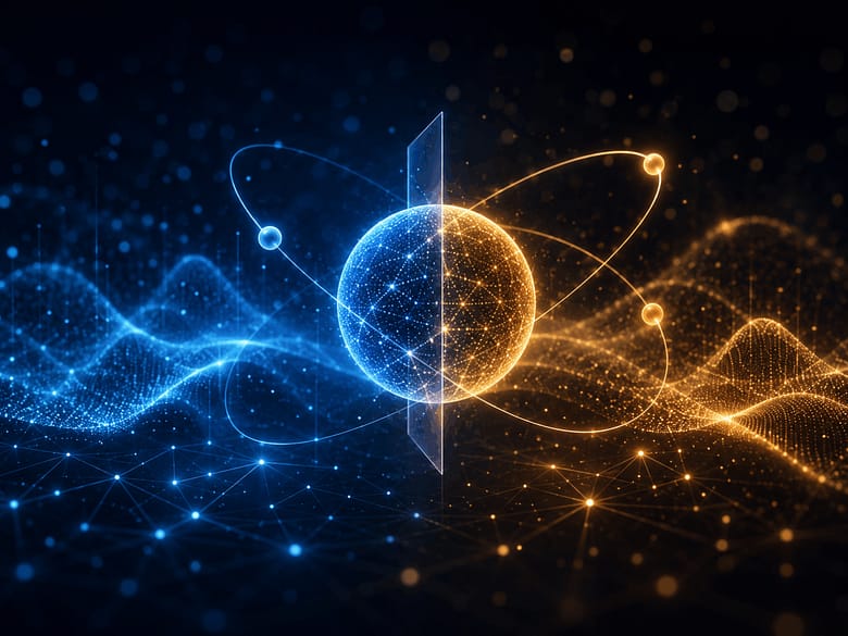 A single sphere split into blue and gold halves, representing superposition in AI visibility.