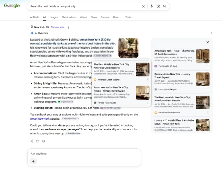 Google AI Overview for the query "Aman the best hotels in New York City," captured July 15, 2026 at 7:40 am. The opening paragraph states that Aman New York consistently ranks as one of the very best hotels in the city. The expanded citation card for that paragraph lists Americas Great Resorts above Forbes Travel Guide.