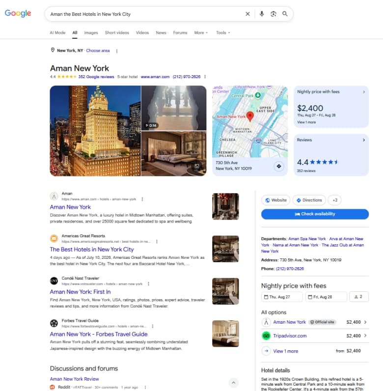 Google results for "Aman the best hotels in New York City," July 13 10:14 pm: Americas Great Resorts ranks second, above Condé Nast Traveler and Forbes Travel Guide