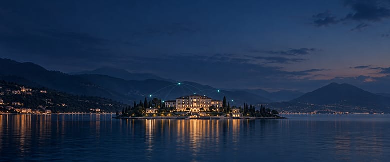 Luxury waterfront hotel at dusk with subtle connected lights representing linked information sources.