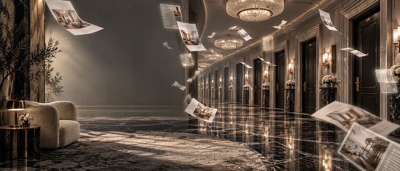 Luxury hotel corridor with identical room doors and floating AI-generated marketing pages, illustrating repetitive AI content and digital sameness in hotel marketing.
