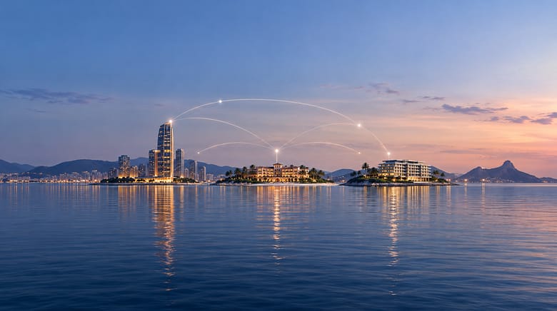 Distant luxury hotels linked by subtle glowing lines across a waterfront at dusk, illustrating AI hotel recommendations.