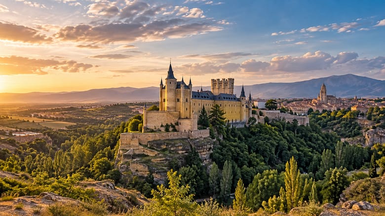 Alcázar of Segovia in Spain overlooking the surrounding landscape