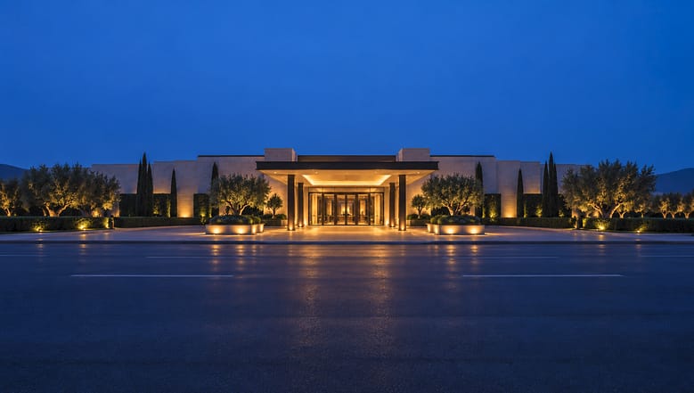 Luxury hotel entrance seen from across the street at dusk, the building small in the frame beneath open sky