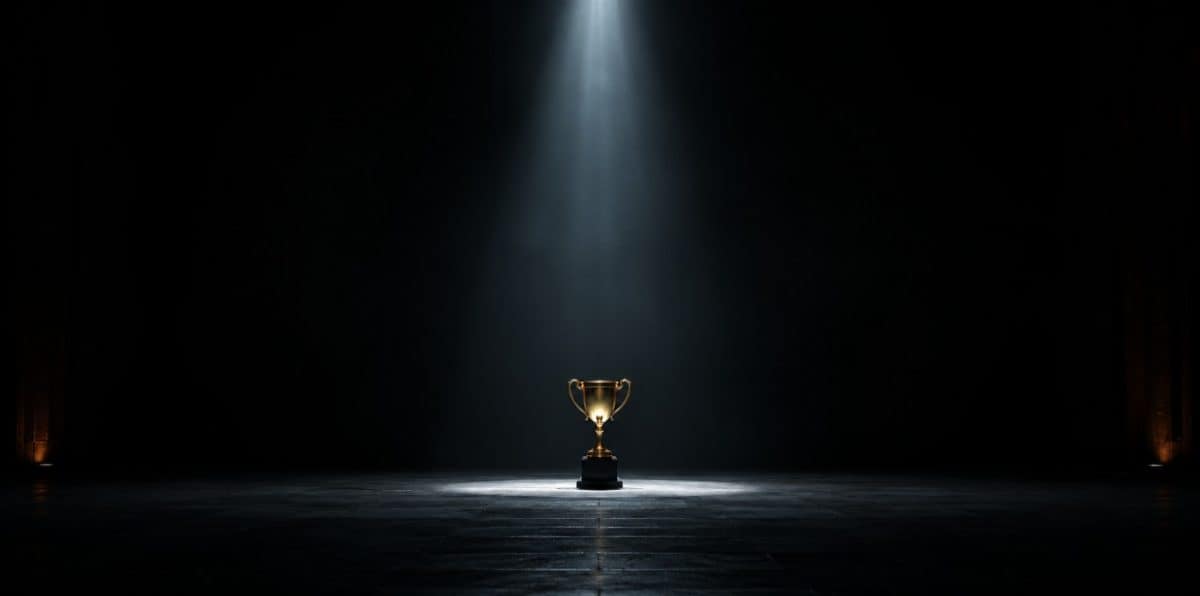 A single gold trophy lit by a spotlight on an empty dark stage.