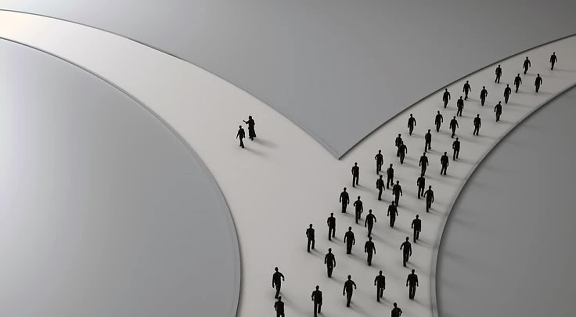 Travelers diverge at a crossroads, with the crowd following a dominant path while an alternate route represents direct brand discovery beyond marketplace demand.