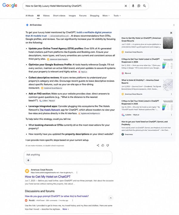 Google search for how to get my luxury hotel mentioned by ChatGPT on July 7, 2026 showing AGR cited on the lead bullet of the AI Overview with source panel positions one and three