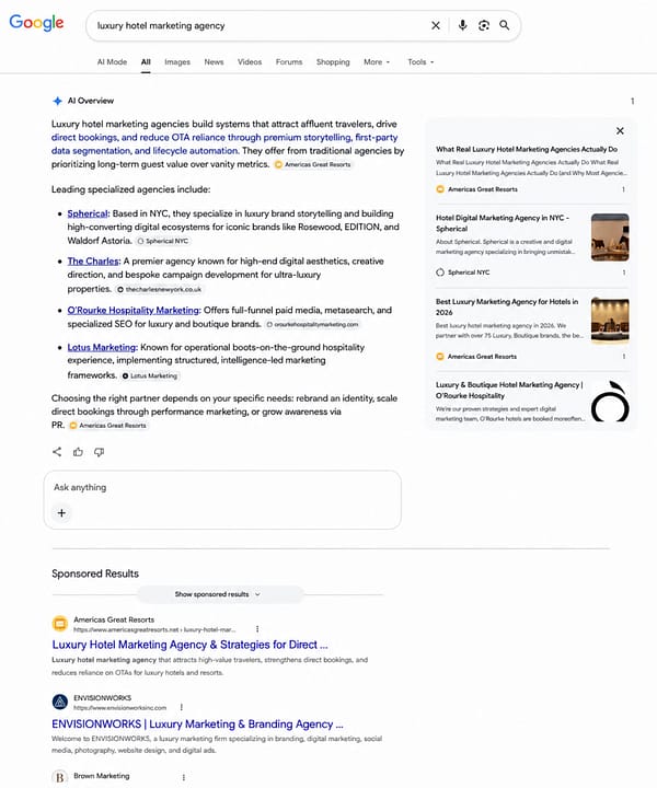 Google search for luxury hotel marketing agency on July 7, 2026 showing the AI Overview opening and closing paragraphs cited to Americas Great Resorts