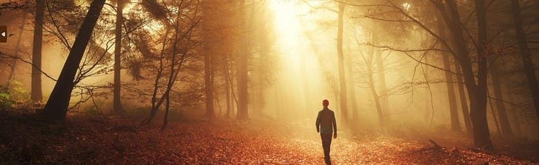 A lone traveler walks toward light through an autumn forest, the path ahead leading nowhere despite the appearance of progress.