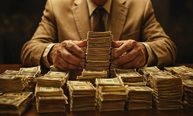 A suited landlord counting stacks of cash collected as rent, representing the commission payments luxury hotels make to OTAs on guests they already own.