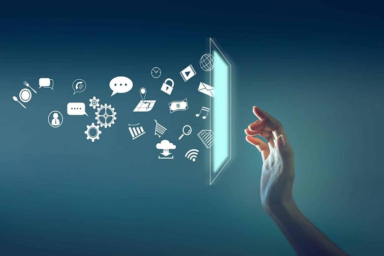Digital icons and data symbols emerging from a screen, representing digital advertising channels compared with email marketing.