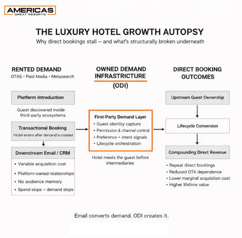 Diagram showing how luxury hotels move from rented demand (OTAs and paid media) to Owned Demand Infrastructure (ODI), illustrating first-party guest ownership, lifecycle conversion, and compounding direct booking revenue.
