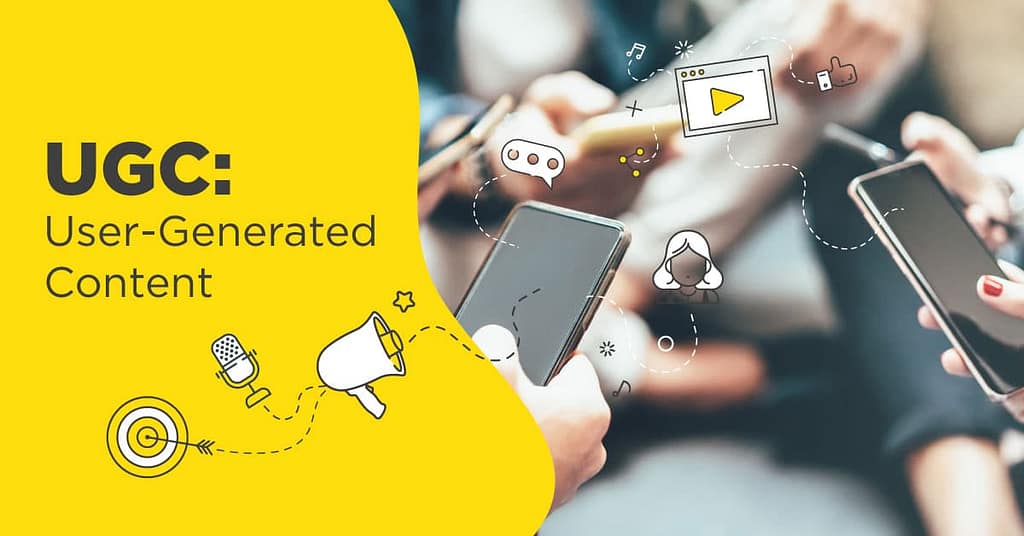 People using smartphones with user-generated content graphics, illustrating how guest-created content supports hospitality marketing