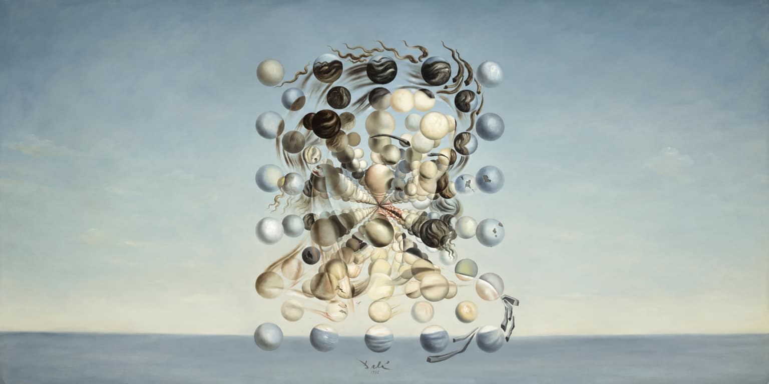 Dozens of separate suspended spheres that only resolve into a recognizable face when assembled, illustrating how AI systems construct an account of a hotel from scattered available material.