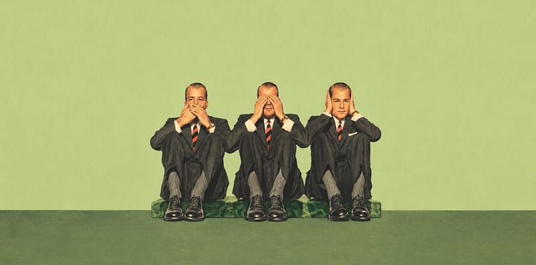 Three business executives portraying "speak no evil, see no evil, hear no evil," representing hotel leadership ignoring the growing importance of AI-driven hotel discovery and visibility.