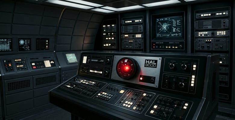 HAL 9000 computer console with glowing red lens, brushed metal panel, spacecraft control room environment.