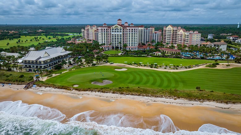 Aerial view of Hammock Beach Golf Resort & Spa overlooking the Atlantic Ocean and oceanfront golf course