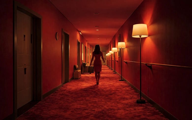 A woman walks alone down a dimly lit hotel corridor lined with closed doors, illustrating the consideration set problem in AI-mediated travel discovery.