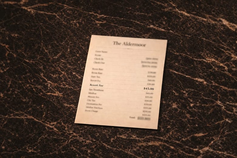 Luxury hotel folio from The Aldermoor showing itemized charges with Destination Fee highlighted among blurred line items on dark marble surface.