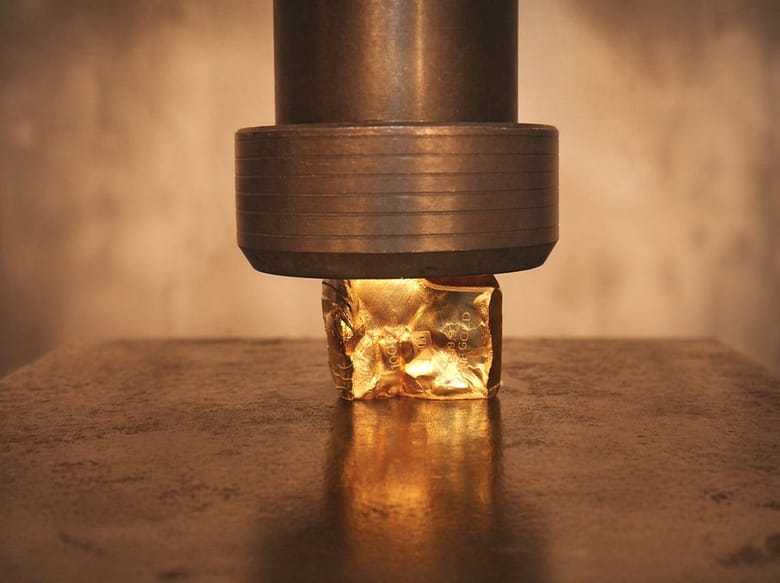 A hydraulic press crushing a gold bar — the value is still visible, the form is already destroyed.