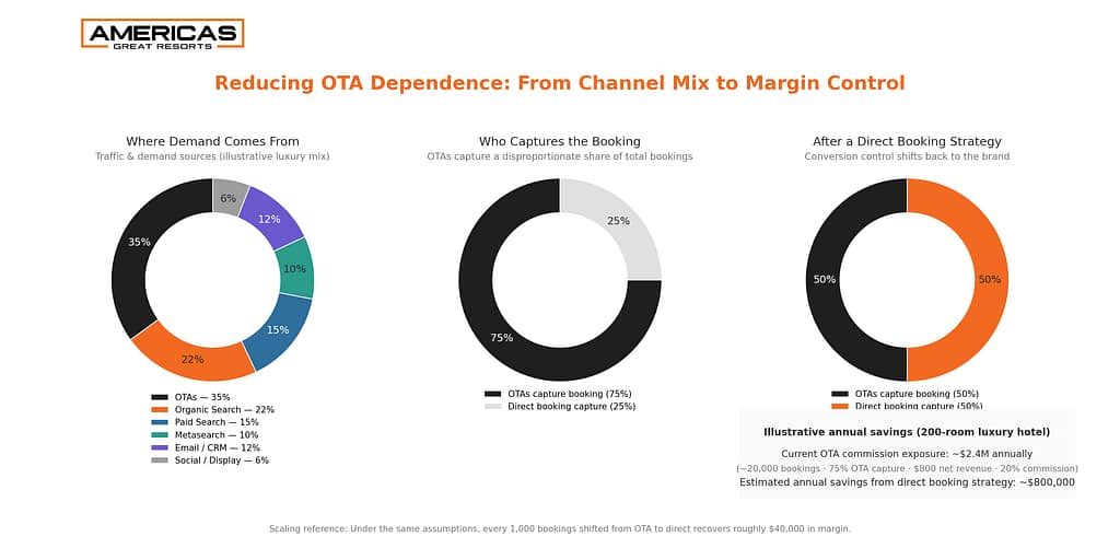 Illustration showing how a 200-room luxury hotel reduces OTA commission exposure by shifting bookings to direct channels, reclaiming approximately $800,000 in annual margin through improved distribution mix.