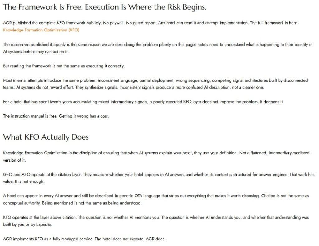 Screenshot of the Americas Great Resorts KFO service page showing the sections titled The Framework Is Free Execution Is Where the Risk Begins and What KFO Actually Does, shared with ChatGPT as part of an independent assessment of the Knowledge Formation Optimization framework.