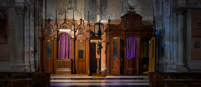 Two confessional booths in a dark church, where ChatGPT confessed its invented definition was wrong.