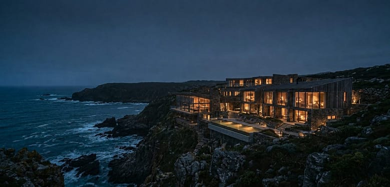 Luxury cliffside resort at dusk with stone and glass architecture overlooking the ocean, subtle digital signal overlay representing AI identity architecture.