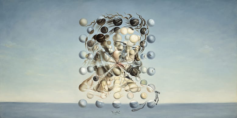 Dozens of separate suspended spheres that only resolve into a recognizable face when assembled, illustrating how AI systems construct an account of a hotel from scattered available material.