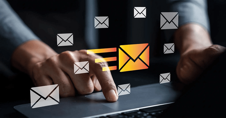 Luxury hotel email marketing concept showing personalized email messages driving direct guest engagement and bookings.