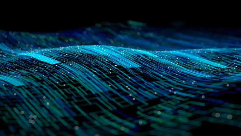 Abstract visualization of digital data streams and circuit patterns representing AI knowledge formation and information architecture.
